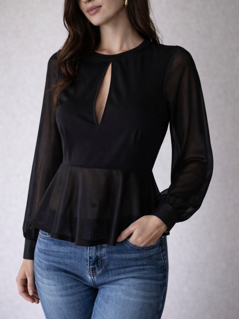C/MEO Collective Black Sheer Sleeve Peplum Keyhole Blouse L Dressy Going Out Top